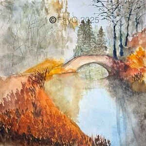 Autumn Bridge Original Signed Watercolor Painting